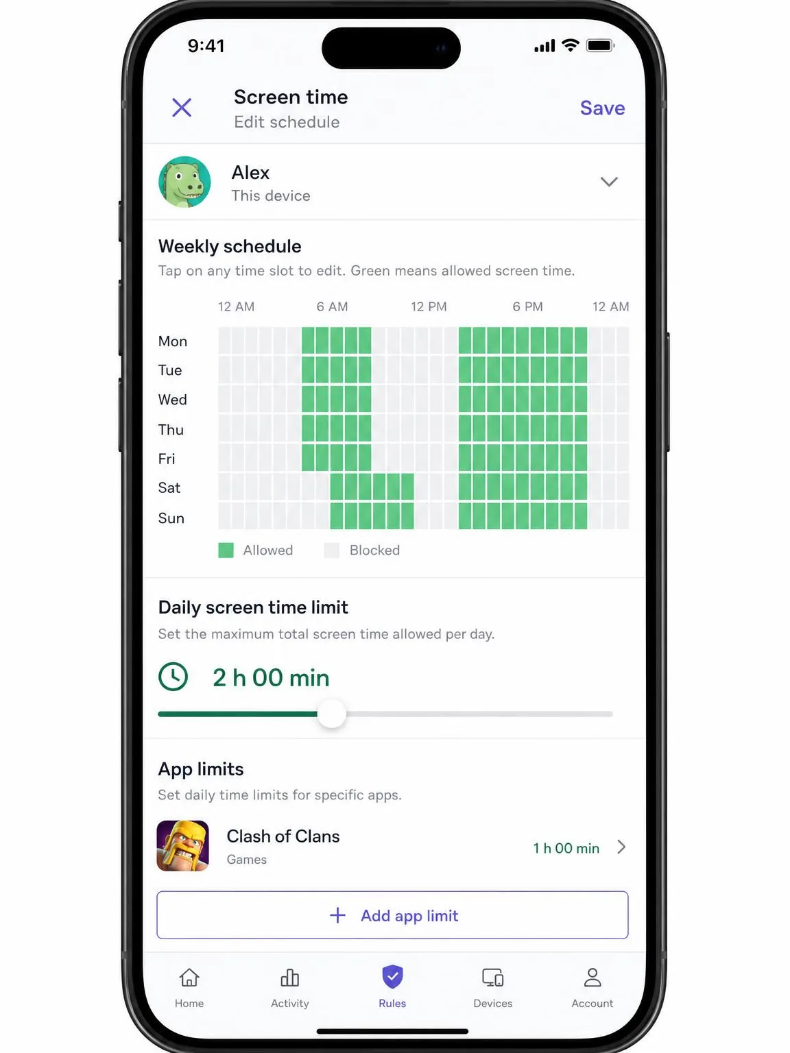 Qustodio's screen time editor open on a phone, showing a weekly schedule grid with allowed hours shaded green, a two-hour daily limit slider and a per-app limit set for a game.