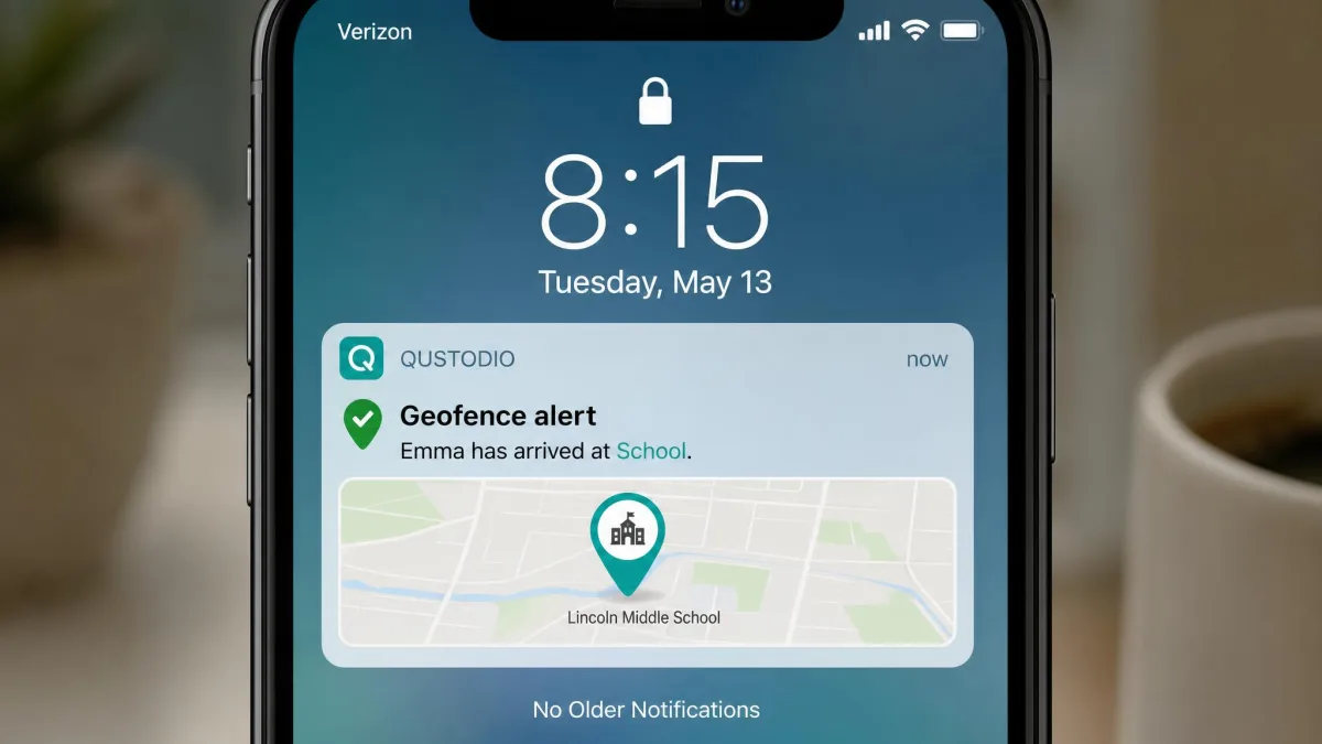 A parent's phone lock screen showing a Qustodio geofence alert that a child has arrived at school, with a map pin preview underneath.