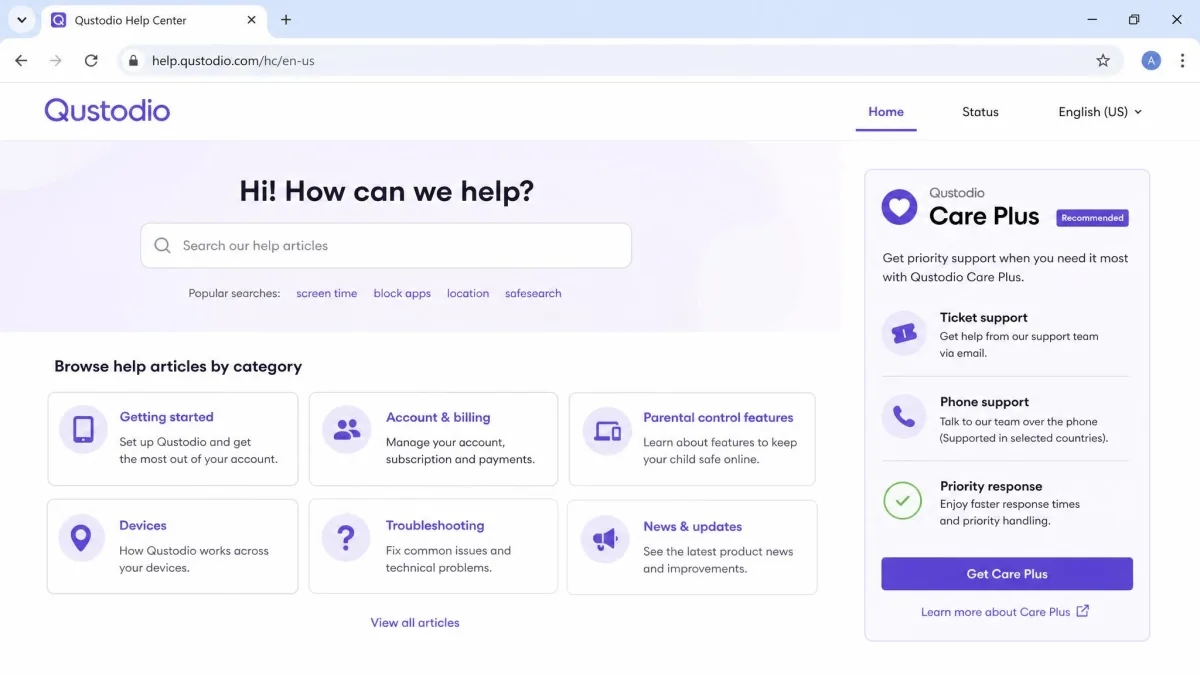 Qustodio's help centre page open in a browser, showing self-help article categories and the Care Plus upsell panel offering ticket and phone support.