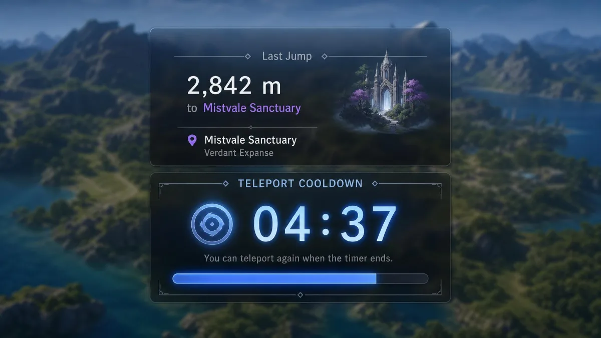 MockGo's cooldown timer panel counting down after a long-distance teleport, with the last jump distance and destination name shown above it.
