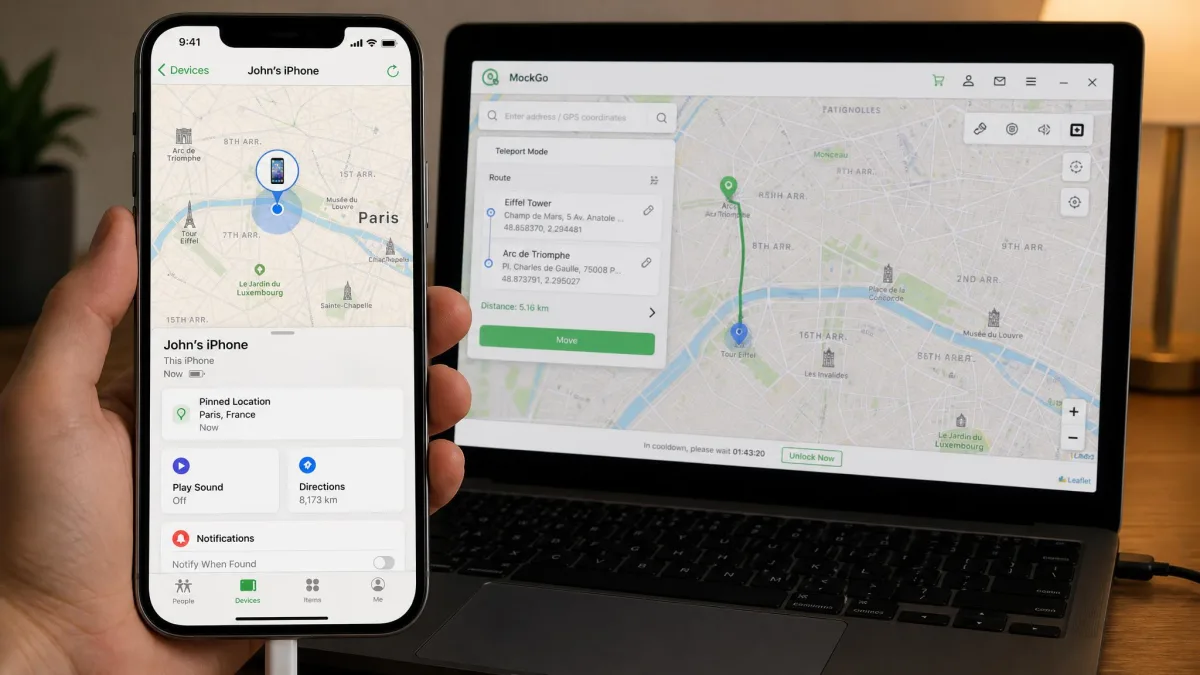Apple's Find My app on an iPhone showing the device pinned in a foreign city while MockGo runs on the connected computer in the background.