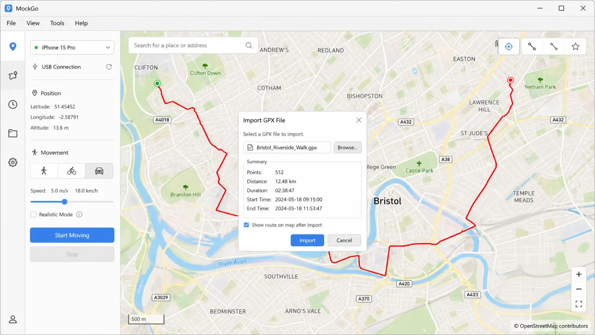 MockGo's GPX import dialogue with a route file selected and the imported path drawn as a red line across a city map.