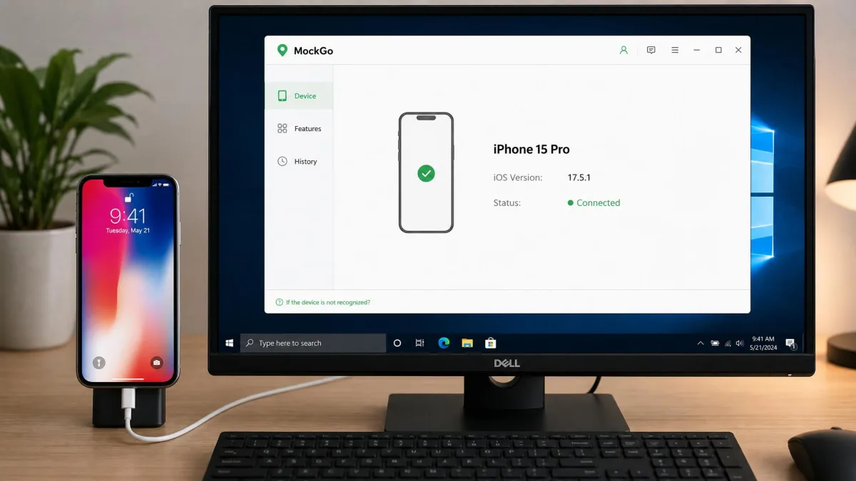 An iPhone connected by USB cable to a Windows PC with the MockGo client on screen showing the device name, iOS version and a green connected status indicator.