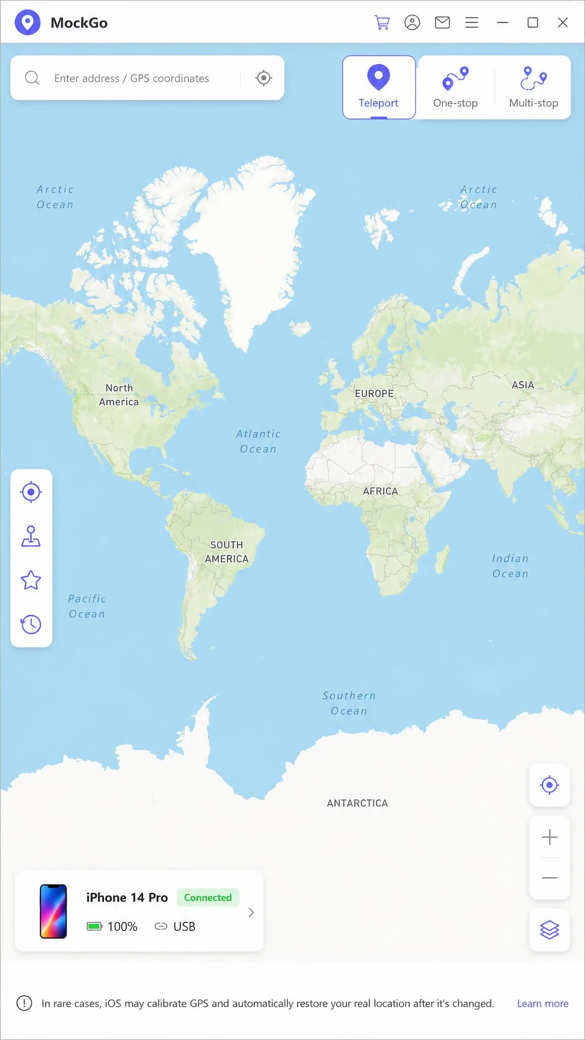 The MockGo desktop client on Windows showing the world map view with the teleport, one-stop and multi-stop mode icons across the top right and a connected iPhone listed in the corner.