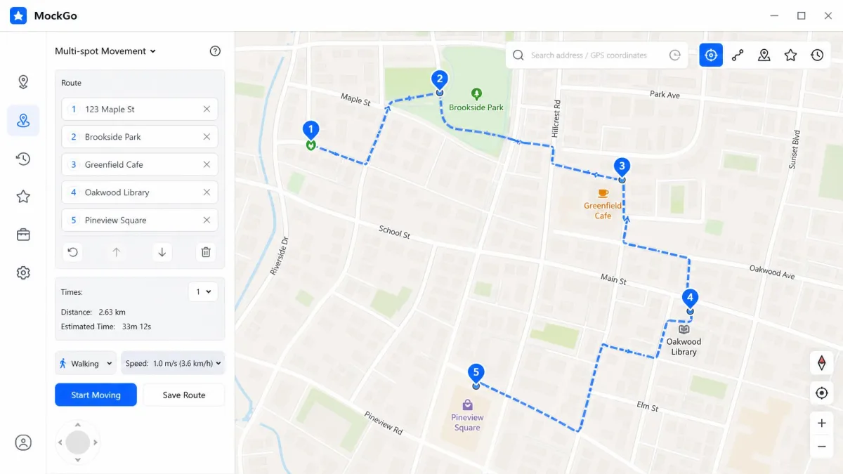 A multi-stop route plotted in MockGo with five numbered waypoints across a neighbourhood map and the speed selector set to walking pace.