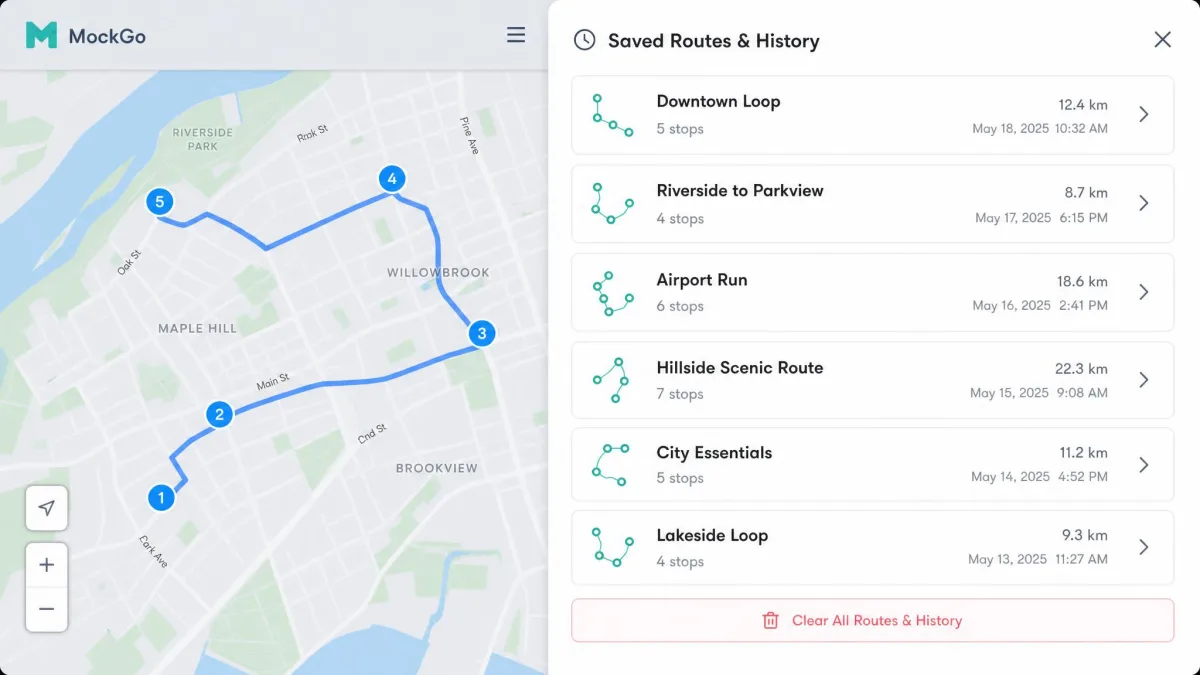 MockGo's saved routes and history side panel listing several previous multi-stop trips with distances and timestamps, and a single clear-all button at the bottom.