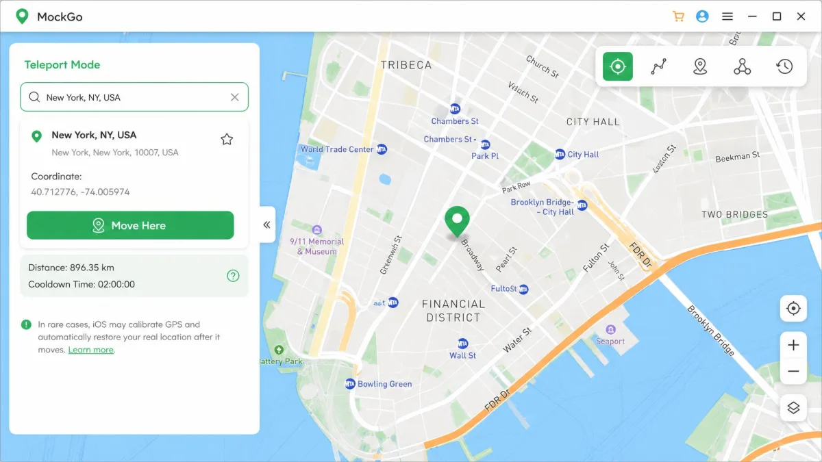The MockGo teleport search box with a destination typed in and a pin dropped on a city street map, showing the move-here confirmation button.