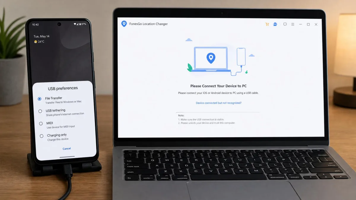 An Android phone screen showing the USB preferences sheet with File Transfer selected, next to a laptop running FonesGo Location Changer waiting to detect the device.