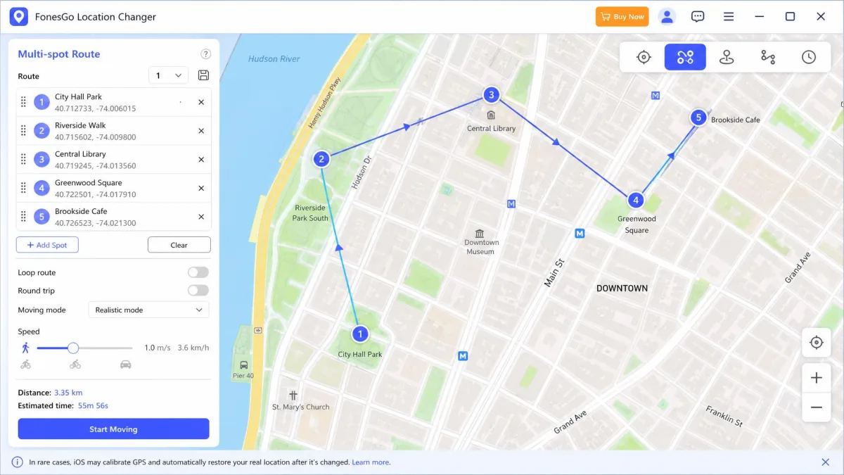 FonesGo Location Changer's multi-spot route mode on a Windows desktop, showing five numbered waypoints across a city map with the speed slider set to a walking preset.