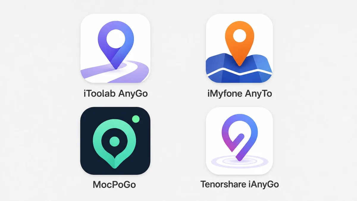 A grid of desktop GPS location changer app icons including iToolab AnyGo, iMyfone AnyTo, MocPoGo and Tenorshare iAnyGo arranged on a neutral background.