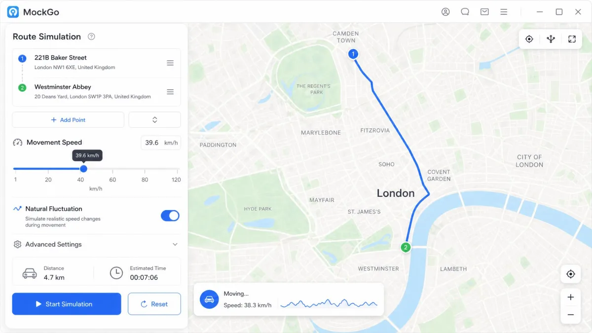 MockGo's route simulation panel showing a two-point road route with the movement speed slider set near 40 km/h and the natural fluctuation toggle switched on.