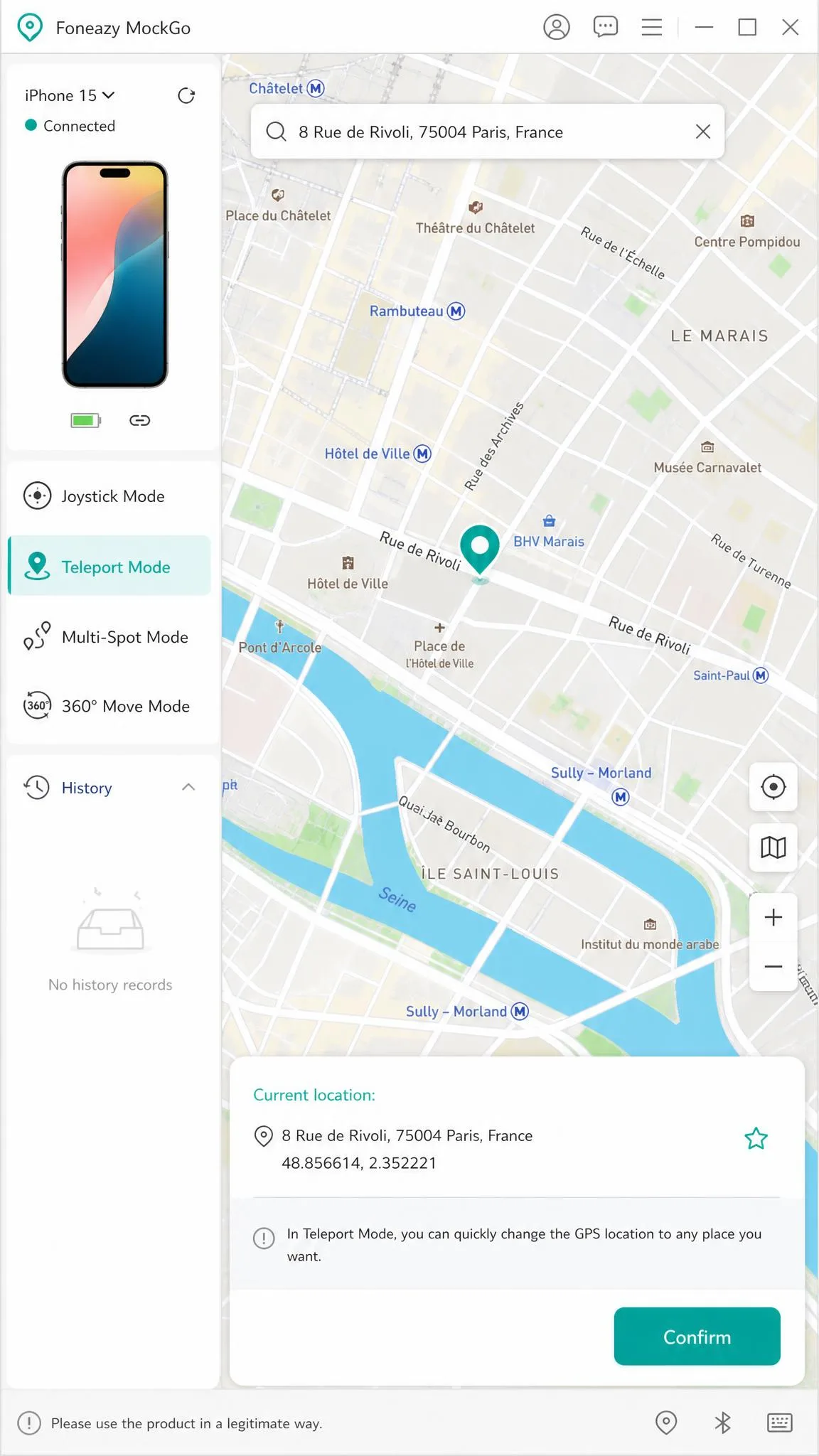 Foneazy MockGo on Windows with an iPhone connected over USB, Teleport Mode selected and a search pin dropped on a Paris street, the confirm button highlighted.