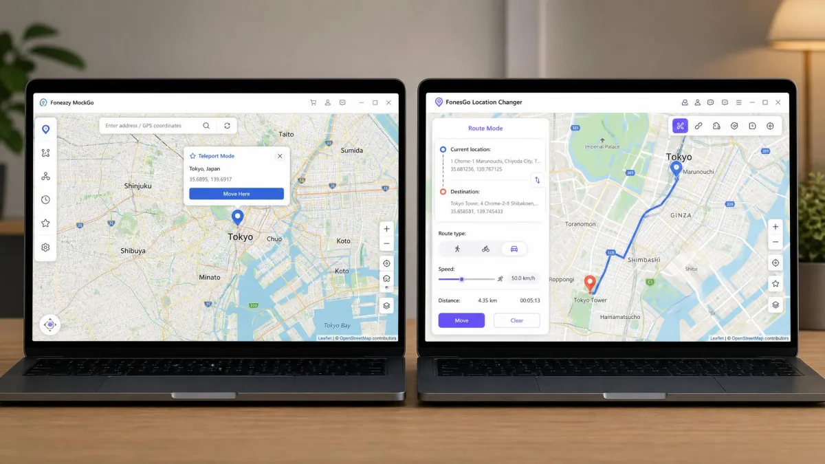 Two laptop screens side by side, the left running Foneazy MockGo's map view with a teleport pin dropped on Tokyo and the right running FonesGo Location Changer's map with its route panel open.