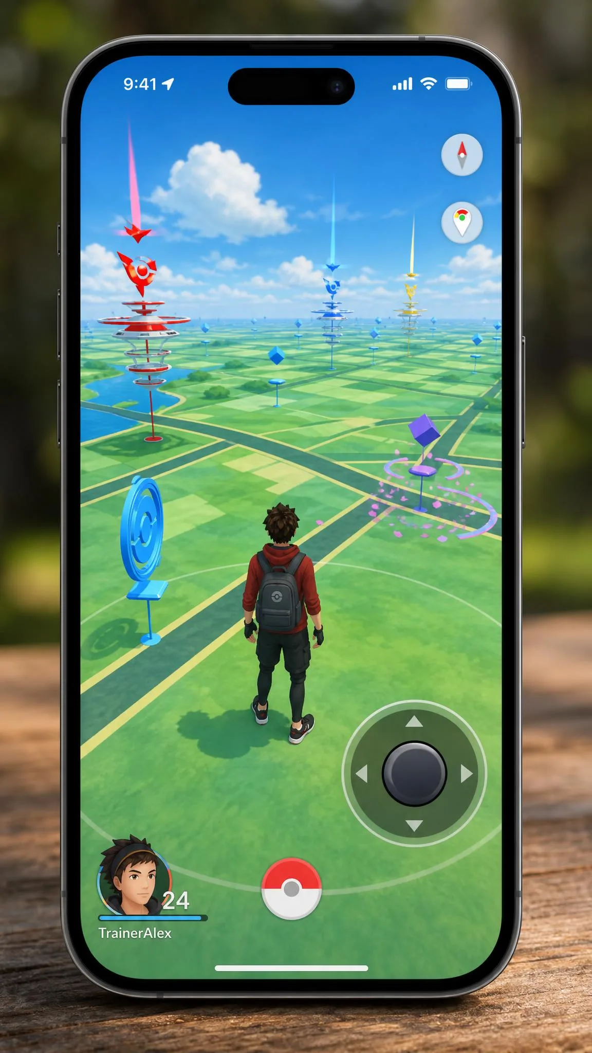 An iPhone showing a location-based game map with an on-screen joystick control overlaid in the lower right corner.
