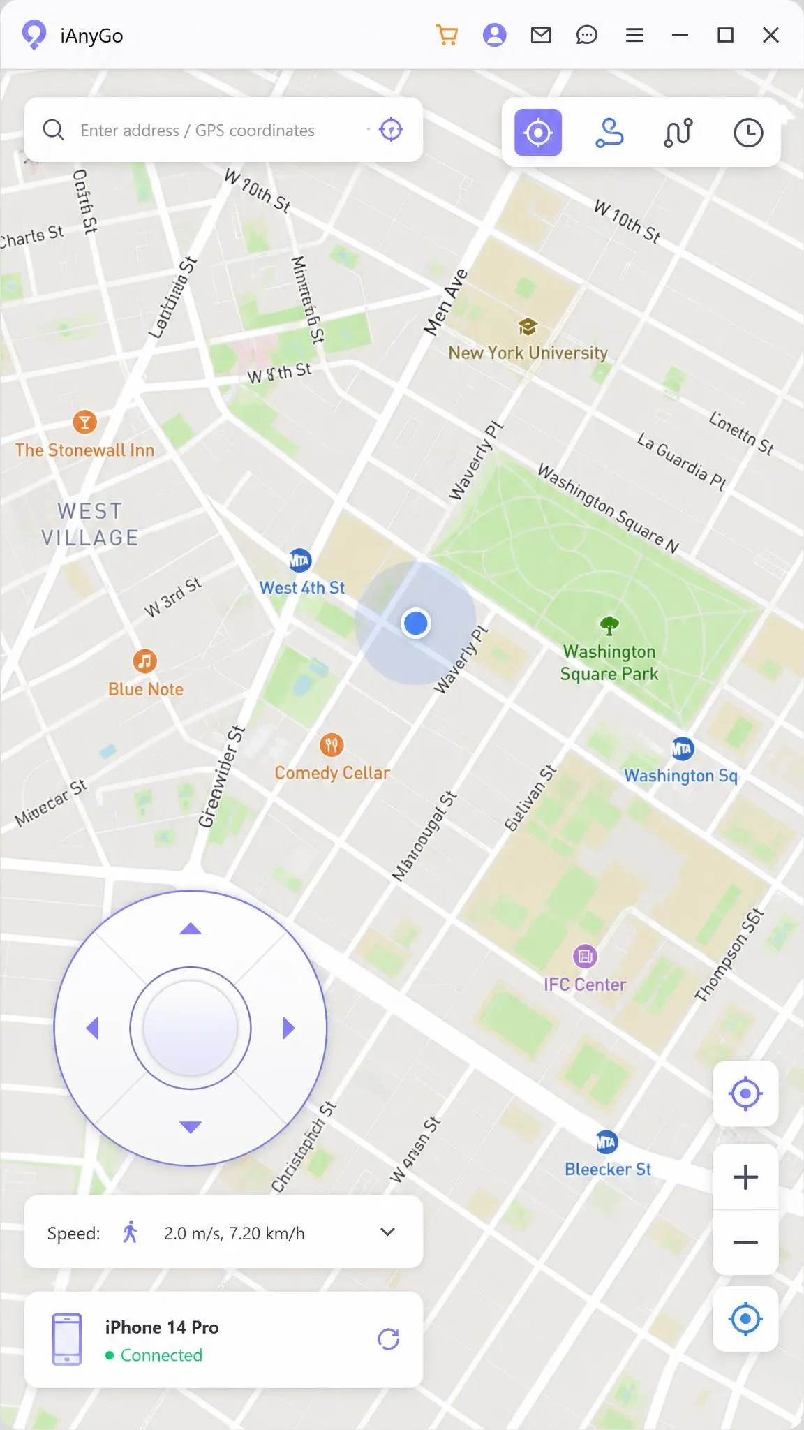 The iAnyGo 360-degree joystick overlay on a street map with the speed selector set to a walking step and the connected iPhone model listed in the corner.