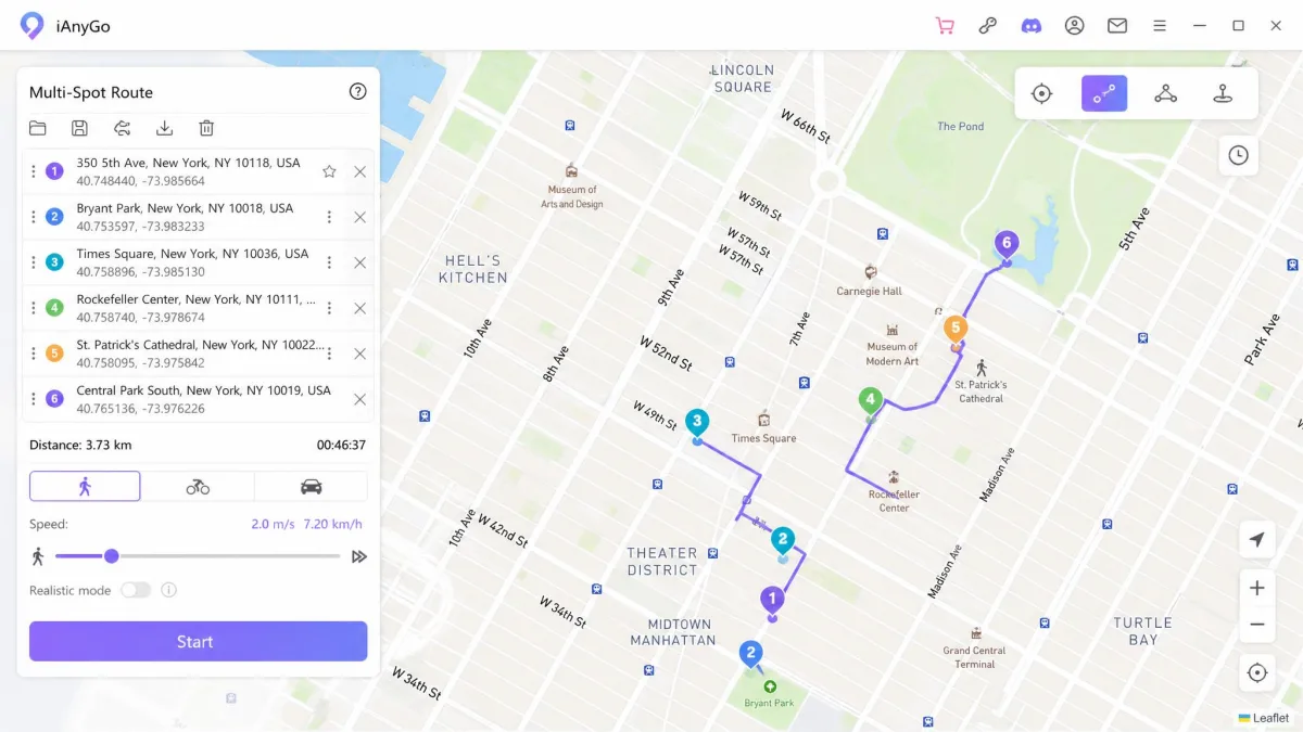 The iAnyGo multi-spot route screen with a chain of waypoints dropped along city streets, the speed slider set to walking pace, and the start button highlighted.
