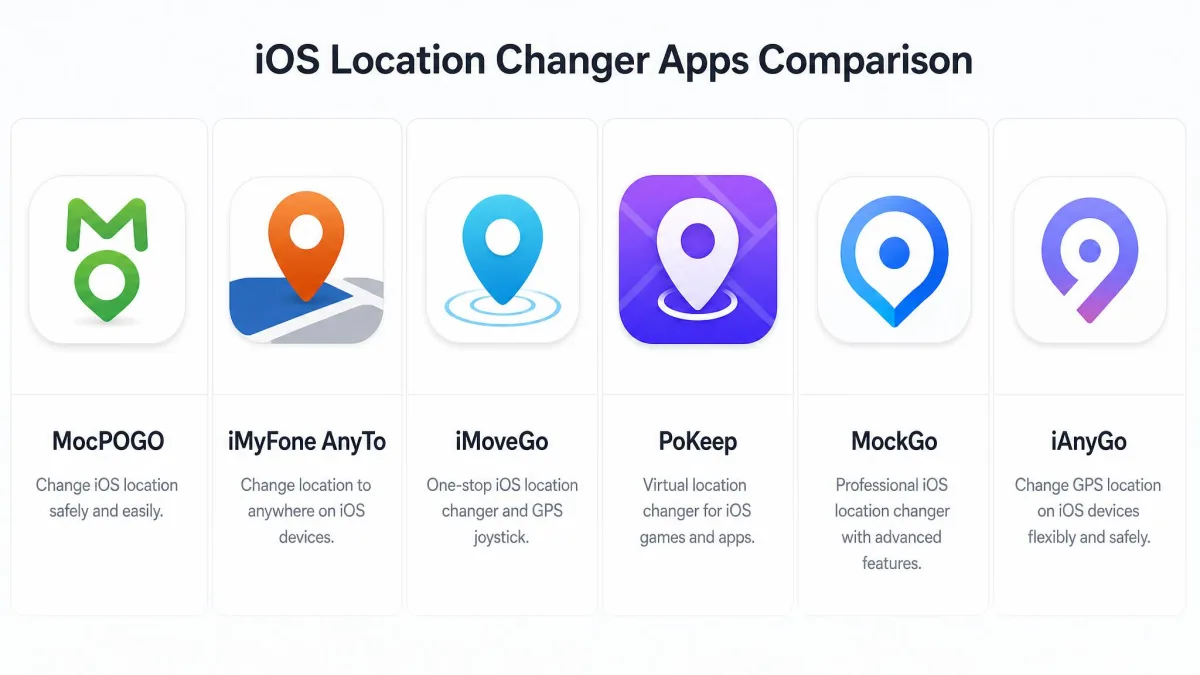 A grid of iOS location changer app icons including MocPOGO, iMyFone AnyTo, iMoveGo and PoKeep, arranged for comparison against MockGo and iAnyGo.