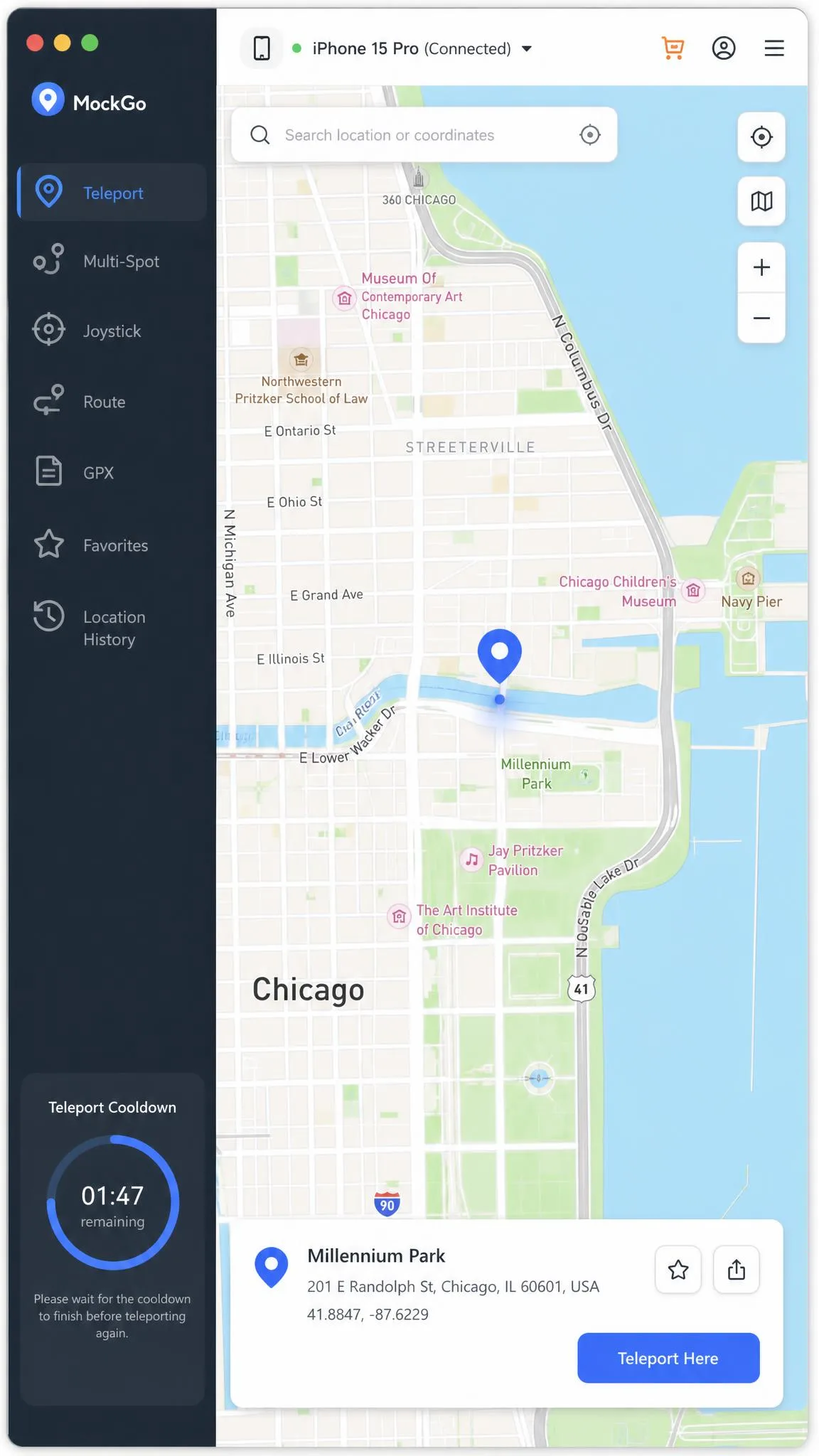 MockGo's teleport mode with a pin dropped on a city map, the cooldown timer visible in the sidebar, and the connected iPhone listed at the top of the window.
