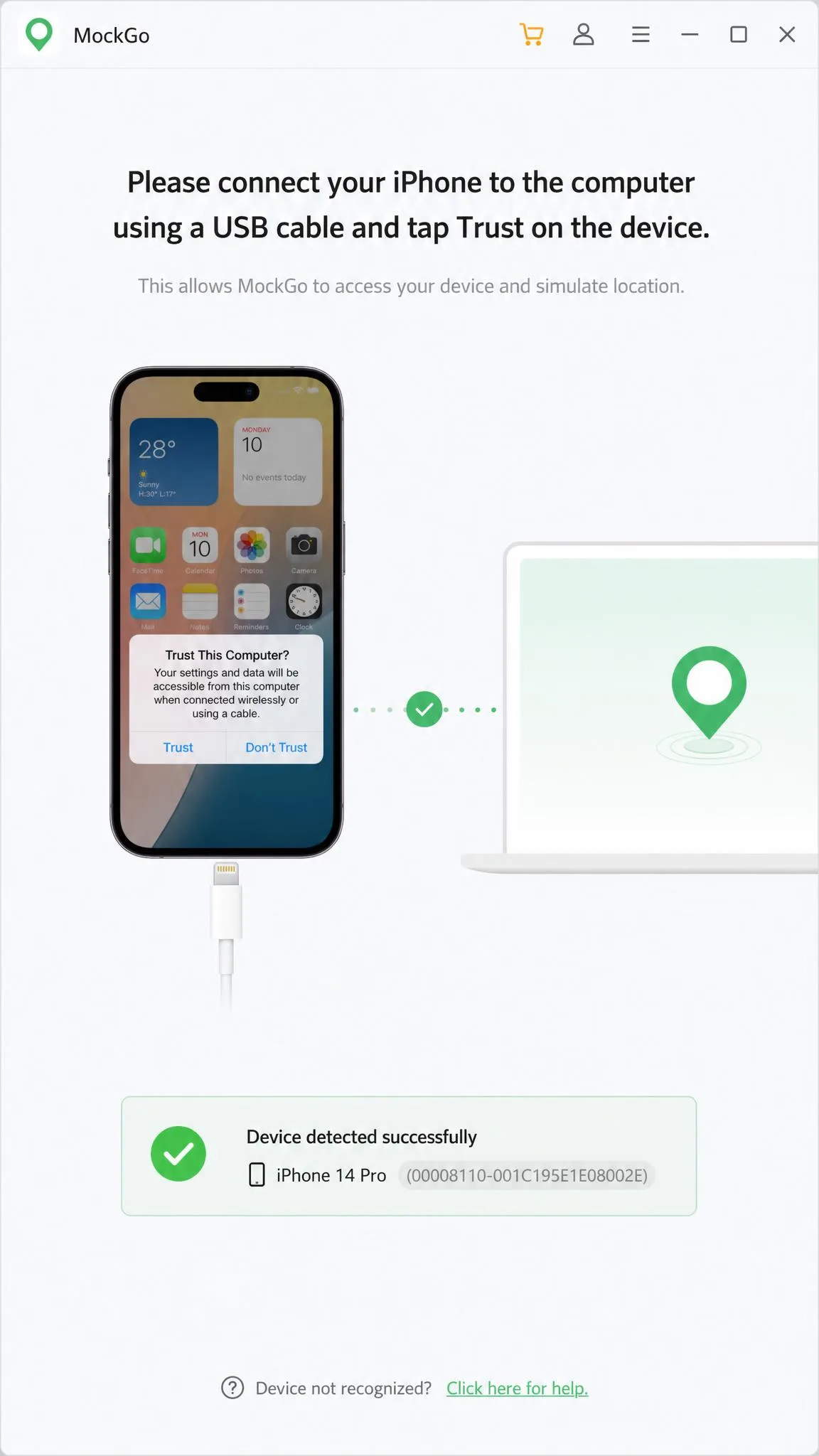 The MockGo setup screen prompting the user to connect an iPhone by USB cable and tap Trust on the handset, with the detected device name shown below the prompt.