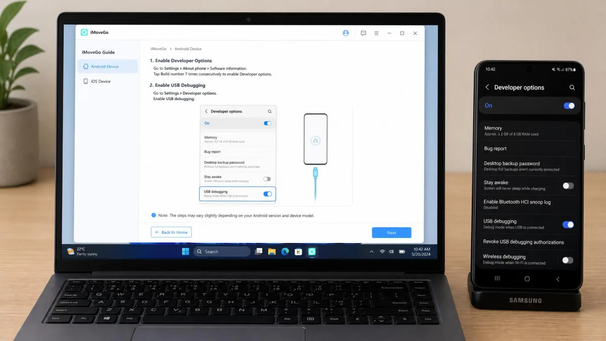 The iMoveGo in-app Android guide open on a Windows laptop next to a Samsung phone showing the Developer options screen with the USB debugging toggle switched on.