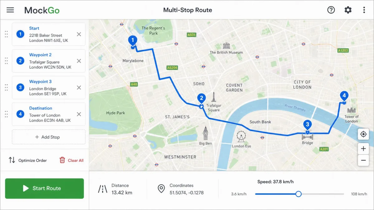 MockGo's Multi-Stop route screen with four waypoints joined across a city map, the speed slider set part way along its 3.6 to 108 km/h range, and the distance and coordinate readout below the map.
