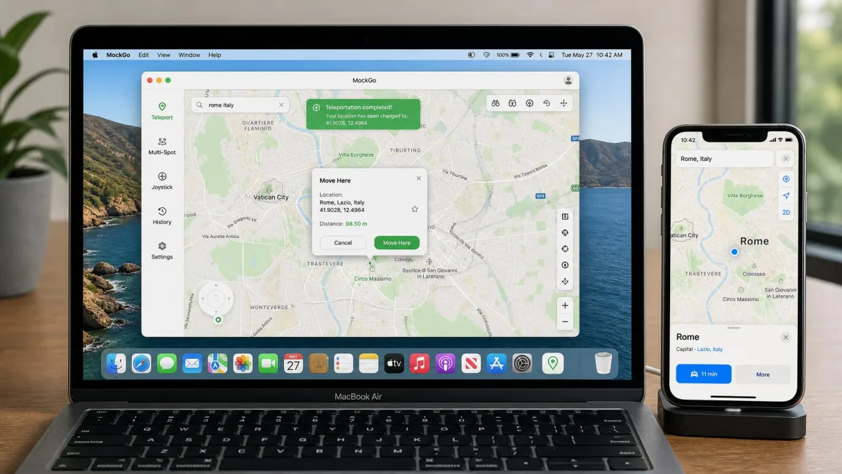 MockGo on a Mac showing a teleport confirmed in Rome, with the Move Here popup open and the connected iPhone beside the laptop displaying the same street in Apple Maps.
