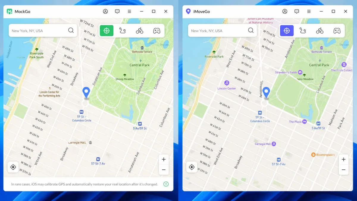 Side by side screenshots of the MockGo and iMoveGo desktop map screens on Windows, each showing a search bar, a teleport pin dropped on a city street map, and the mode icons in the top right corner.