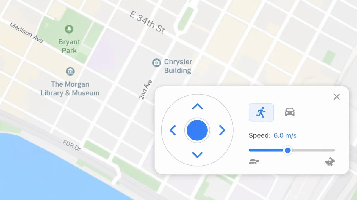 Close-up of iMyFone AnyTo's joystick overlay in the lower right of a city map, with a blue direction dial and a speed slider set partway along its range.
