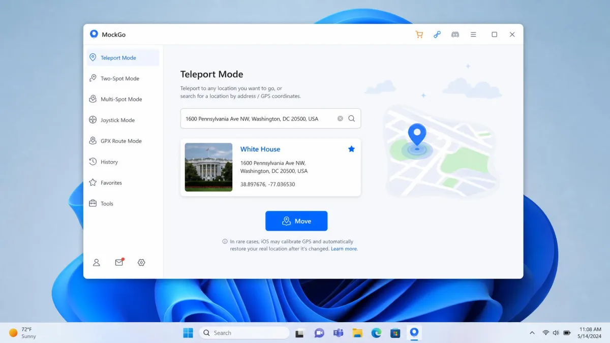 MockGo running on Windows 11 with Teleport Mode selected, an address typed into the search field, and the blue Move button highlighted below the location card.