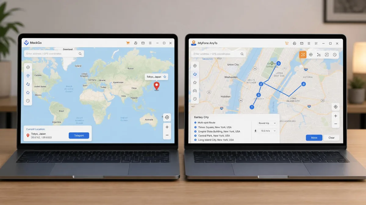 Two laptop screens side by side, the left showing MockGo's world map with a red teleport pin dropped on Tokyo and the right showing iMyFone AnyTo's map with a multi-spot route drawn between four markers.