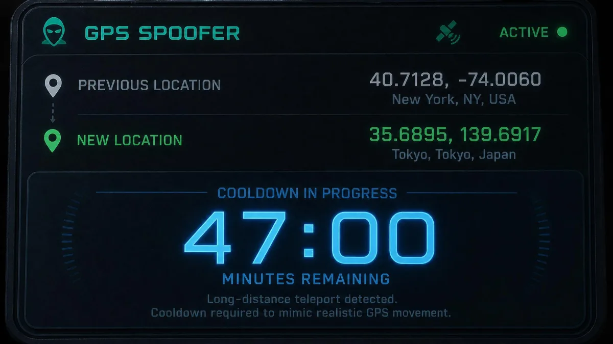 A close-up of a GPS spoofer's cooldown countdown panel showing 47 minutes remaining after a long-distance teleport, with the previous and new coordinates listed above it.