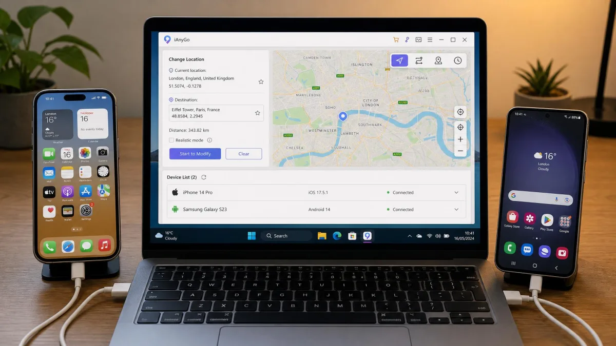 An iPhone and an Android phone both connected by USB cable to a laptop running a GPS location changer, with the app's device list showing both handsets recognised.