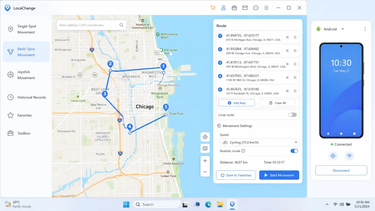LocaChange's multi-spot route screen on a Windows desktop with an Android phone connected, showing five numbered pins joined by a route line and a speed selector set to cycling.