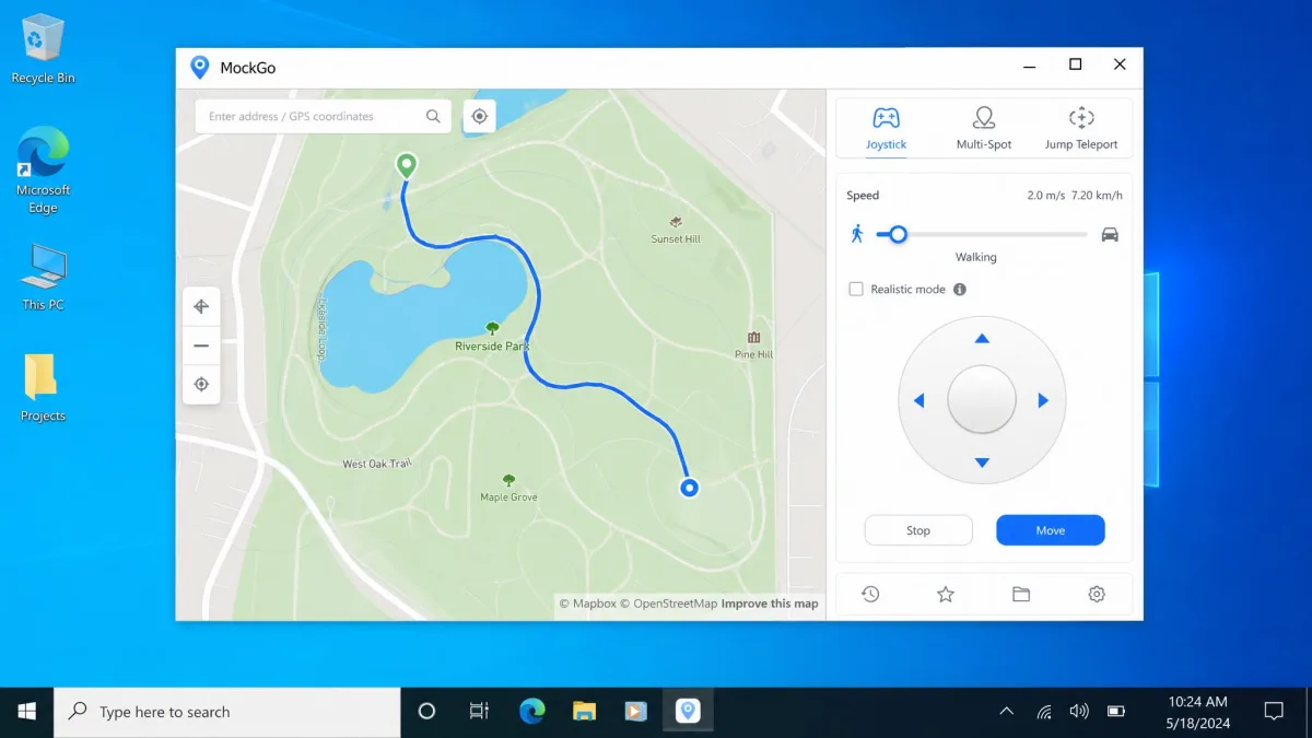 MockGo's joystick control panel on a Windows desktop, with the circular direction pad on the right, a speed slider set to walking pace, and a blue path traced along a park footpath on the map.