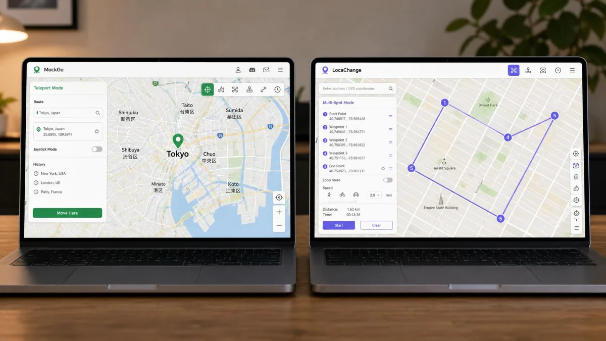 Two laptop screens side by side, the left showing MockGo's map interface with a teleport pin dropped on Tokyo and the right showing LocaChange's map with a multi-spot route drawn across a city block.