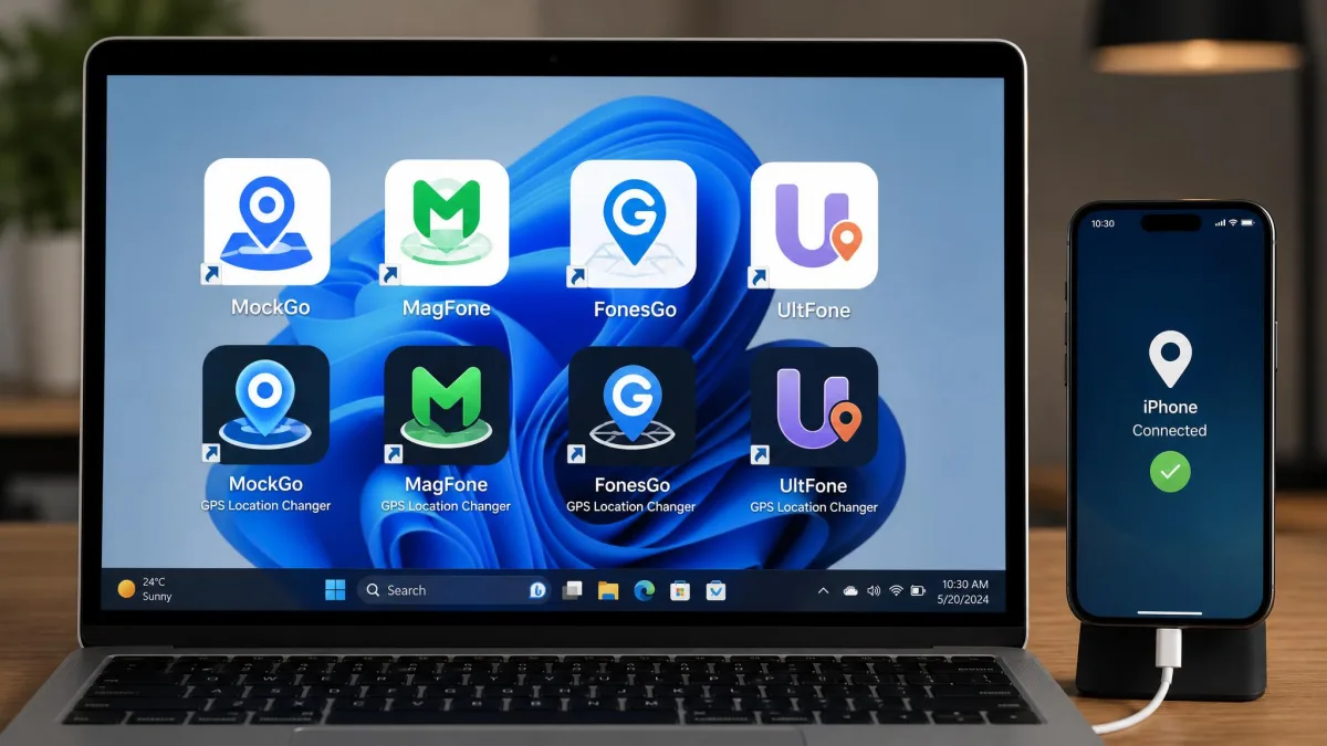A grid of desktop GPS location changer app icons including MockGo, MagFone, FonesGo and UltFone, arranged on a laptop screen next to a connected iPhone.
