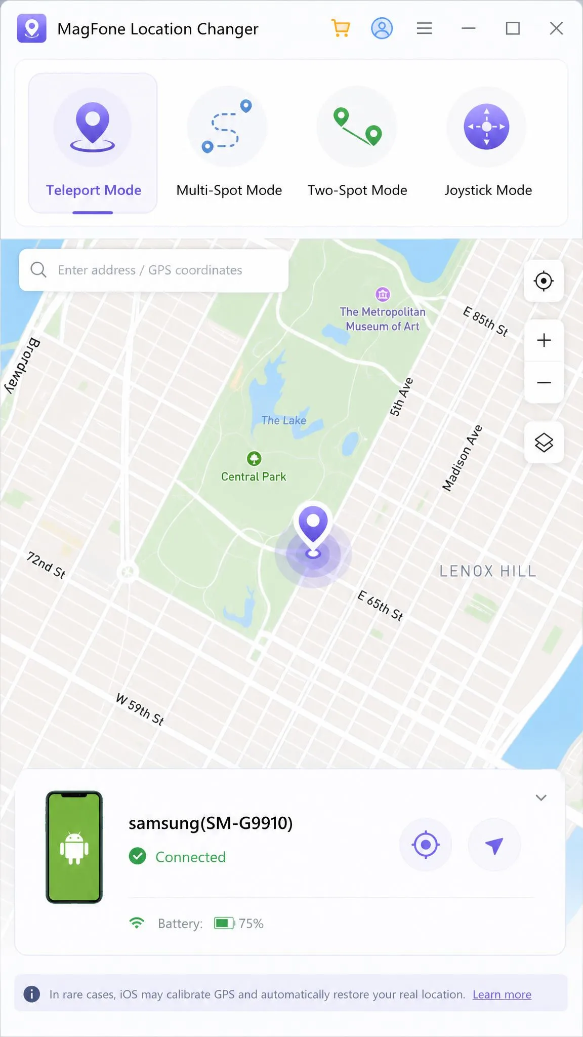 MagFone Location Changer's mode selection bar showing teleport, multi-spot, two-spot and joystick icons above a map with a connected Android phone.