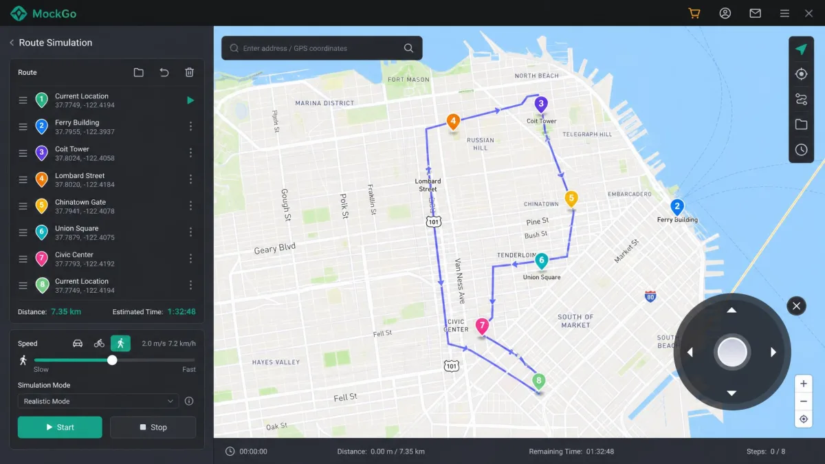 MockGo's route simulation panel with a plotted multi-stop path across a city, a speed slider set to walking pace, and the joystick control overlay in the corner.