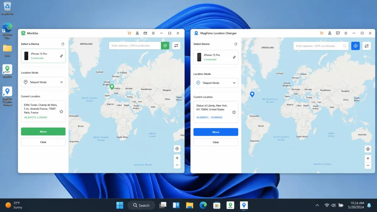 MockGo and MagFone Location Changer open side by side on a Windows desktop, each showing a world map with a dropped pin and a connected iPhone listed in the sidebar.