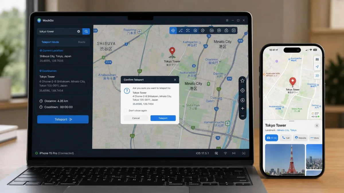 MockGo's teleport confirmation dialog over a map pin in Tokyo, with the connected iPhone shown beside the laptop displaying the same spoofed position in its Maps app.