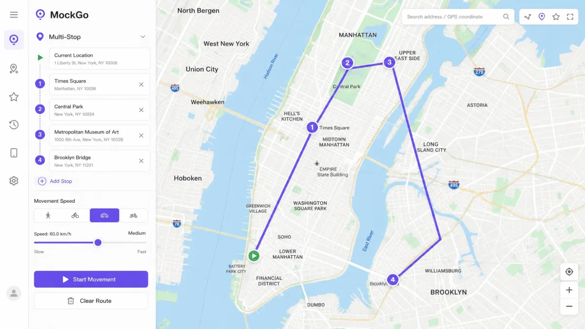MockGo's Multi-Stop route drawn across four numbered waypoints on a city map, with the movement speed slider in the side panel.
