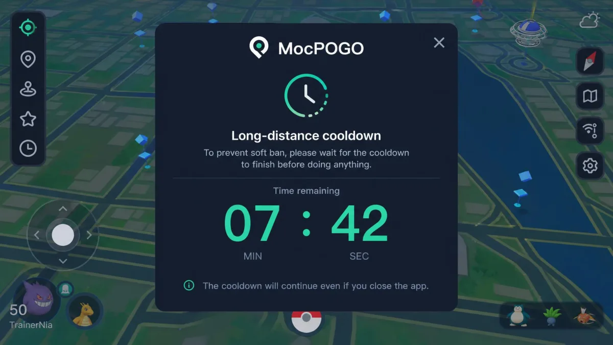 MocPOGO's on-screen cooldown countdown showing the remaining wait in minutes and seconds after a long-distance location change.