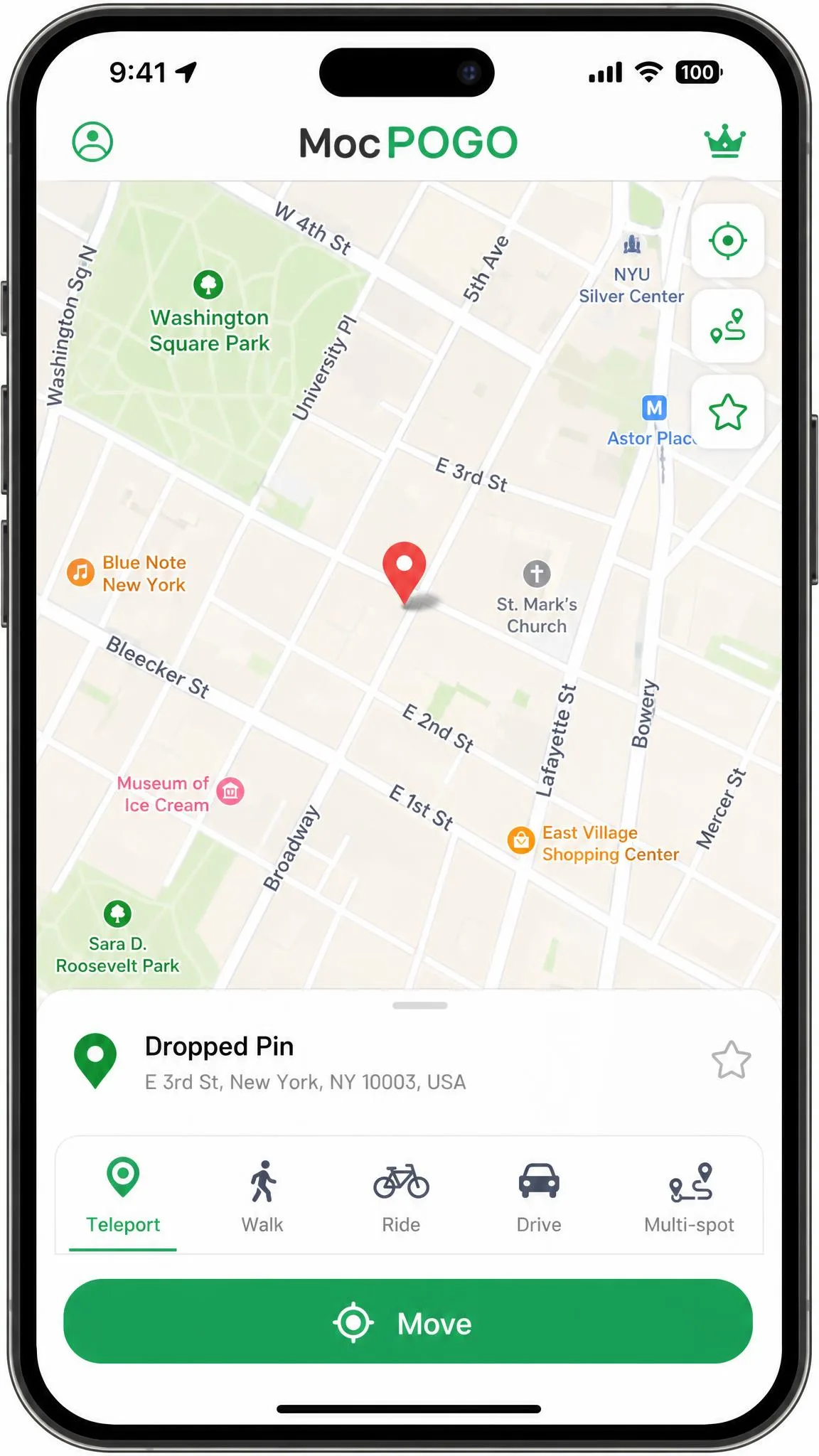 The MocPOGO iPhone app showing a street map with a dropped pin, the mode row along the bottom and a green Move button.