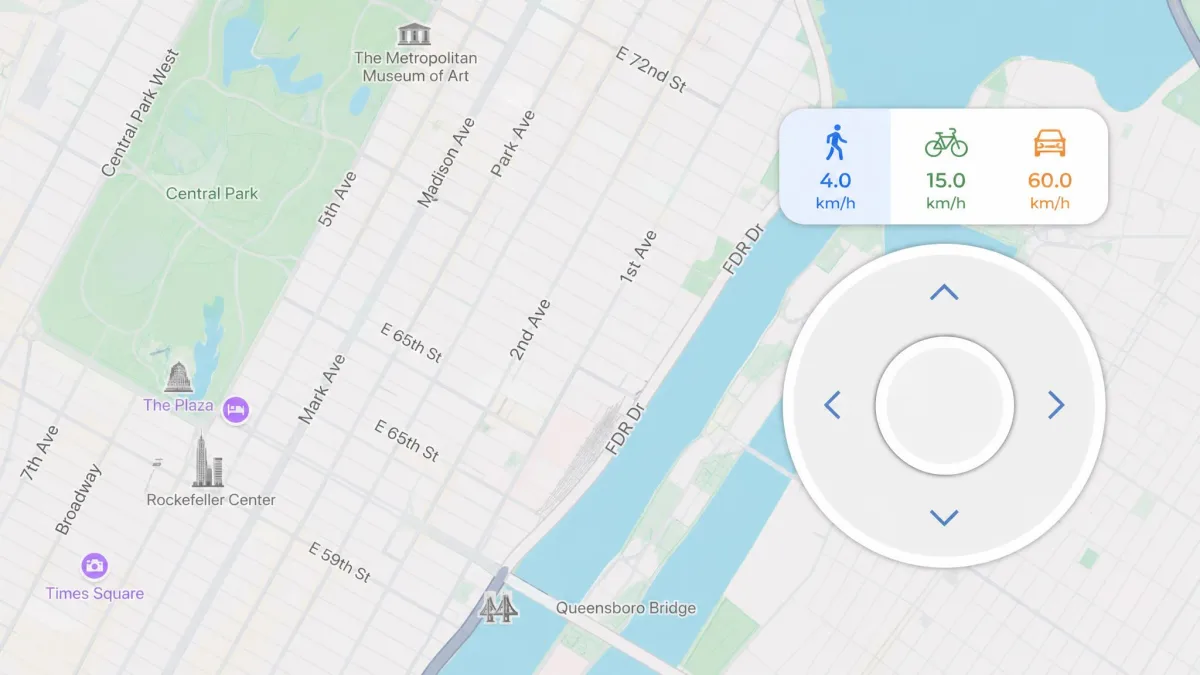 MocPOGO's circular 360-degree joystick overlaid on the lower right of a map, with walking, cycling and driving speed presets above it.