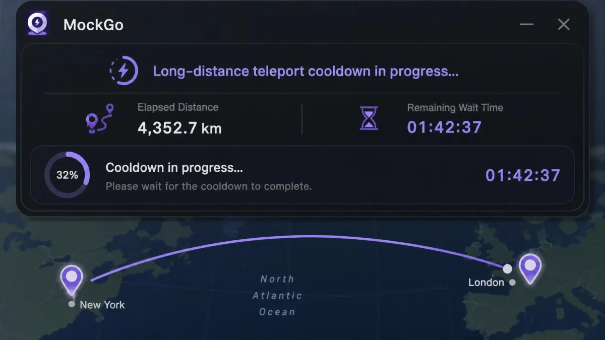Close-up of MockGo's cooldown timer panel counting down after a long-distance teleport, with the elapsed distance and remaining wait time displayed above the map.