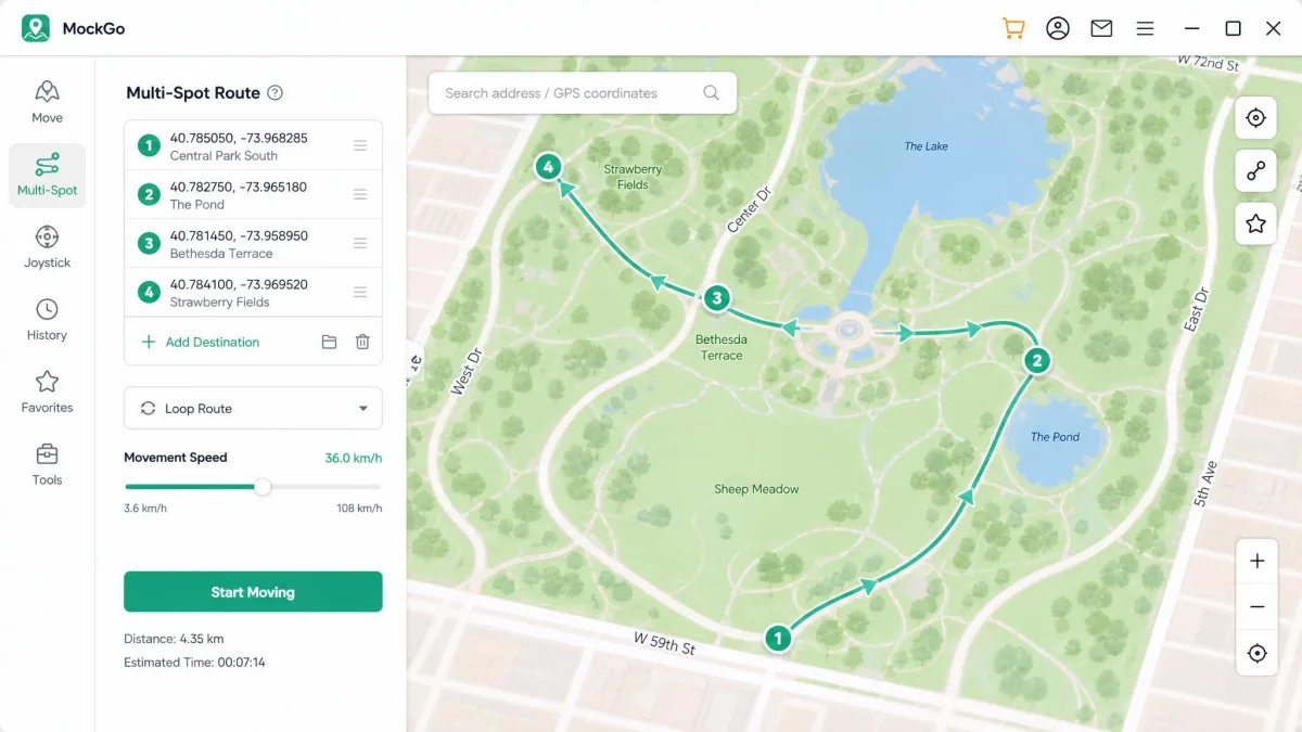 MockGo's multi-spot route mode with four waypoints plotted along a park path and the movement speed slider set partway between the 3.6 and 108 km/h limits.