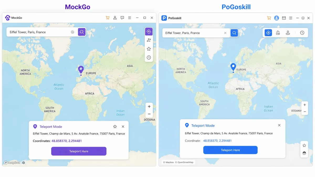 Side-by-side screenshots of the MockGo and PoGoskill desktop map screens, each showing a search bar, a world map with a dropped pin, and the teleport confirmation panel.