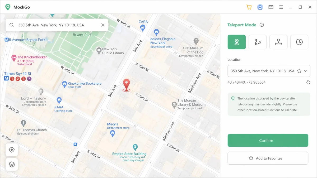 MockGo's teleport mode with an address typed into the search bar and a red pin dropped on a city street map, the confirm button visible in the right-hand panel.