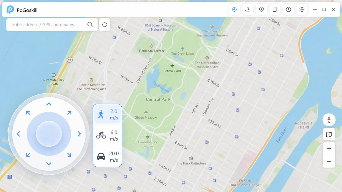 PoGoskill's 360-degree joystick overlay on the map screen, showing the circular direction control and the walking, cycling and driving speed presets beside it.