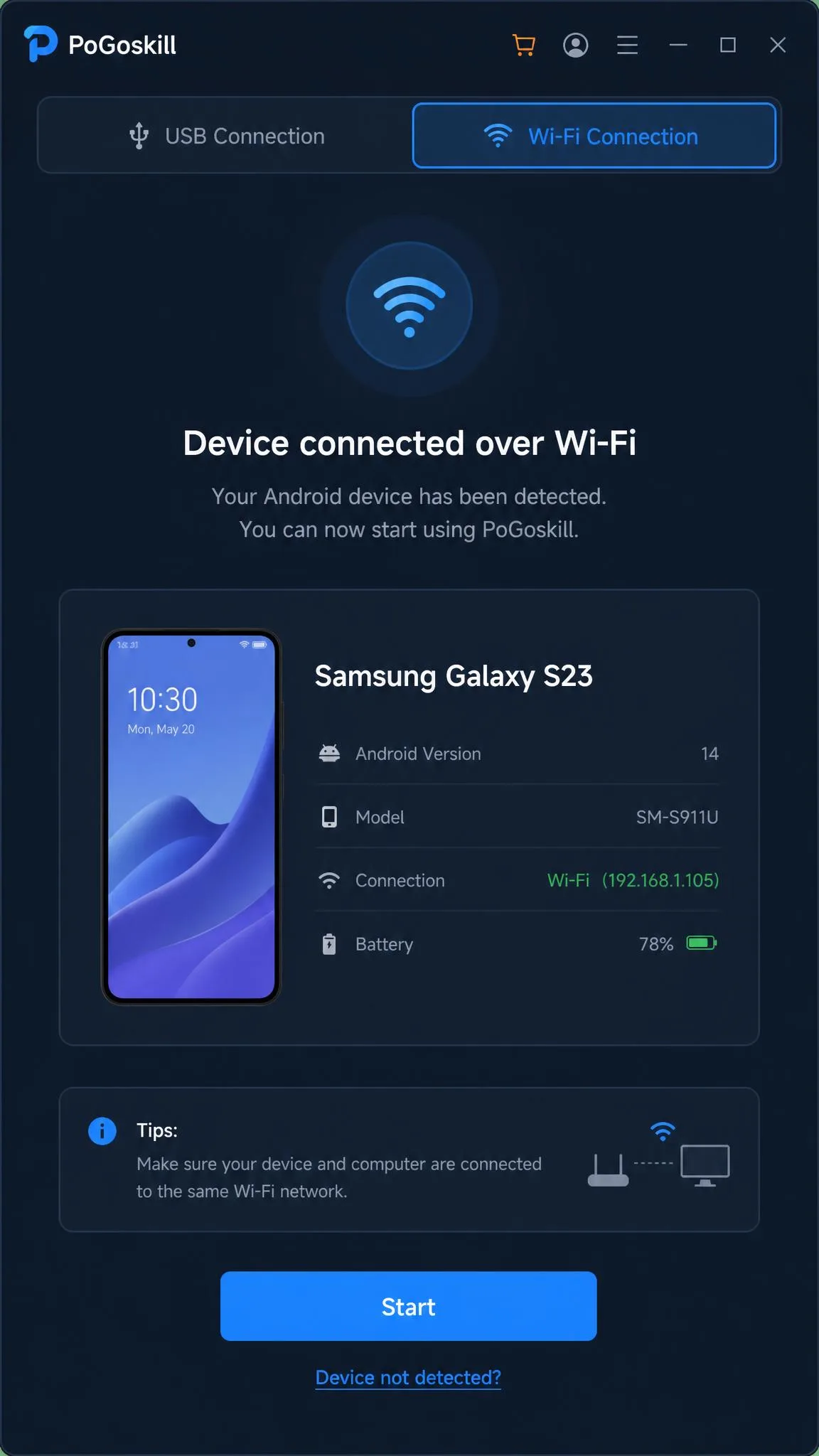 PoGoskill's device connection screen on Windows showing an Android phone detected over Wi-Fi, with the USB and Wi-Fi connection toggle highlighted at the top.